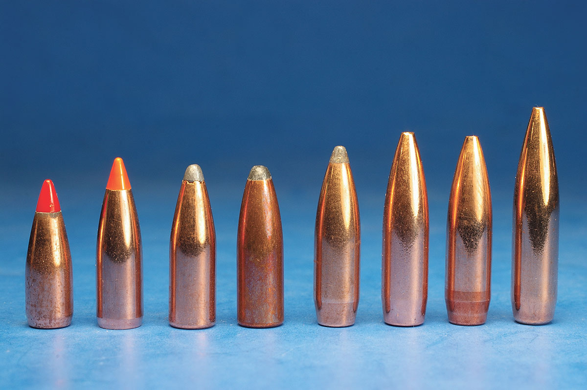 Bullets used for testing include (left to right): Hornady 40-grain V-MAX, Nosler 50-grain Ballistic Tip, Hornady 60 Spire Point, Sierra 63 SMP Varminter, Sierra 65 GameKing SBT, Barnes 69 Match Burner, Sierra 69 MatchKing HPBT and Berger 77 BT Target.